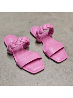 Braided Strap Pink Flat Sandals For Women Comfortable Square Toe Slip-On Design